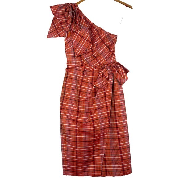 J Crew Dress Womens Size 00 Silk Blend One Shoulder Plaid Bow Preppy Sorority